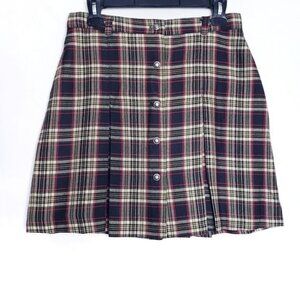 90s Vintage Plaid Pleated Button Front Mini Skirt Tan & Red Women's Size Medium